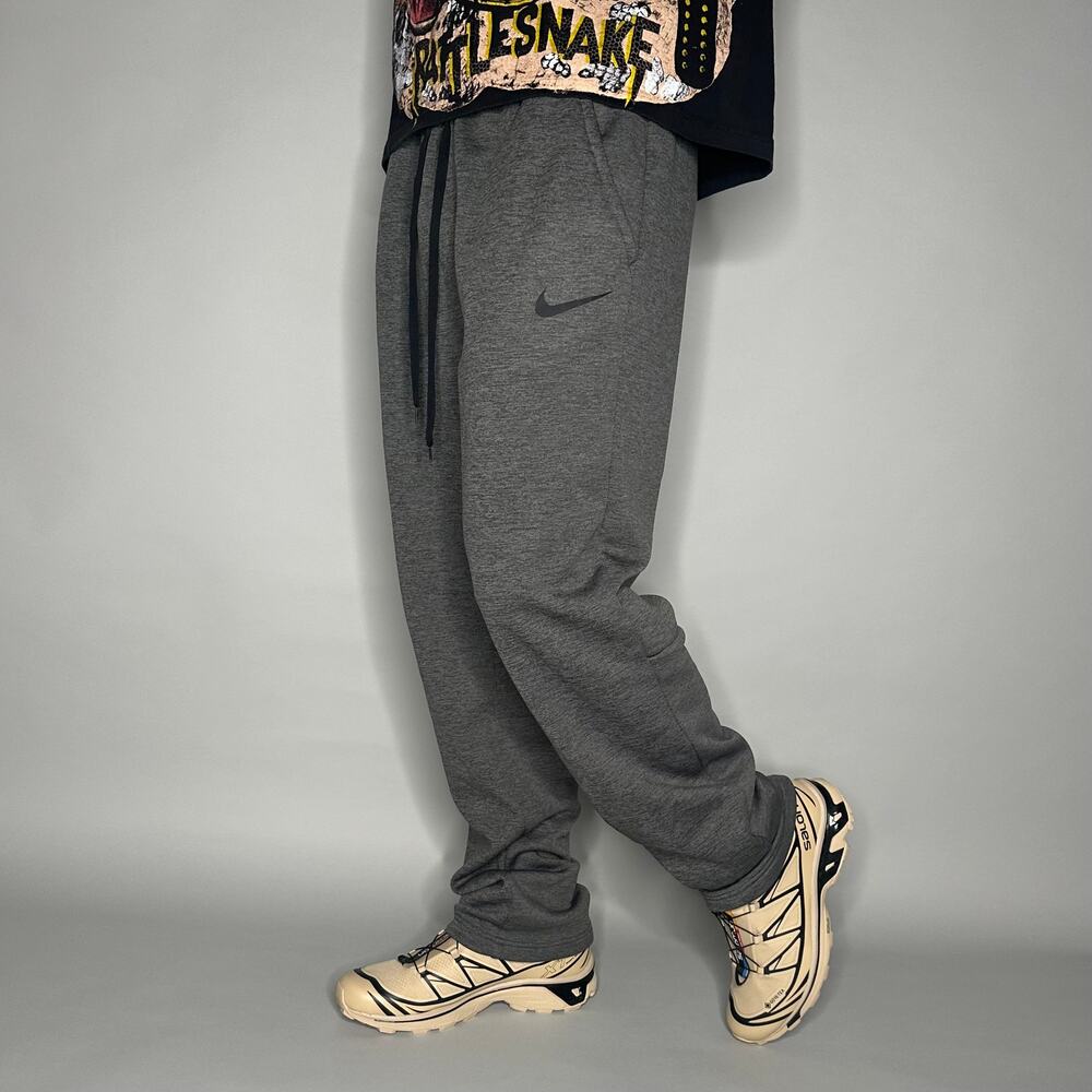 Vintage Y2K Nike Sweatpants Mens L Baggy Wide Leg Dark Grey Black Swoosh Cotton